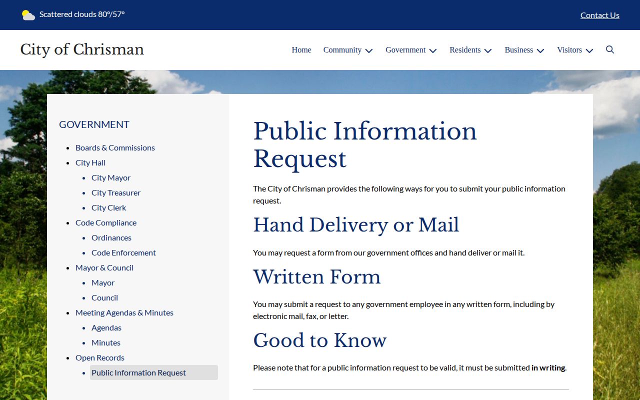 Chrisman public information request page for police FOIA records