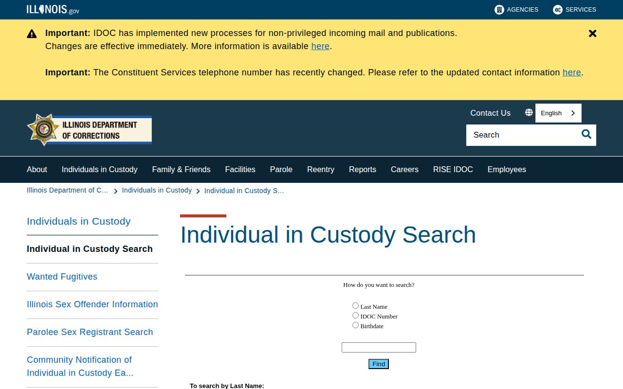 Illinois Department of Corrections offender search for state custody records